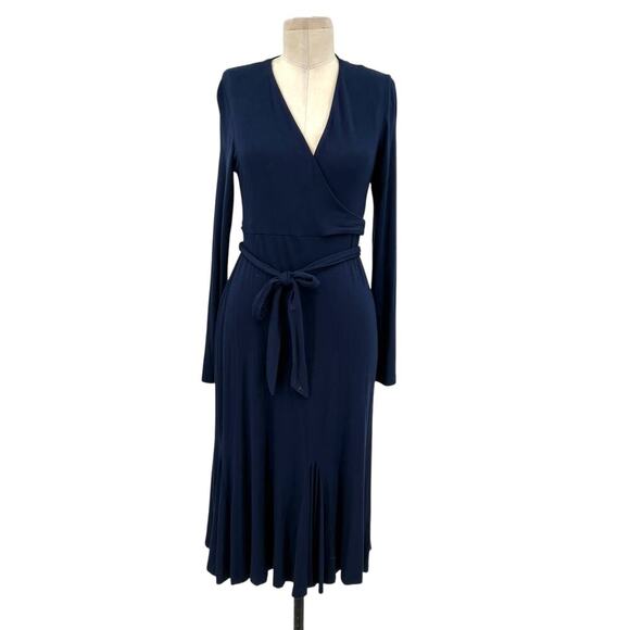 Boden Paris Wrap Dress Long Sleeve Flounce‎ Hem Jersey Navy Blue Size US 8R - Picture 2 of 14